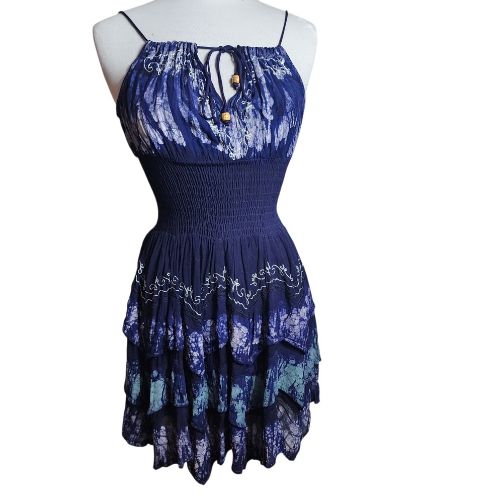 Batik Tie Dye Smocked Tiered Mini Dress Blue White Boho Rayon One Size‎